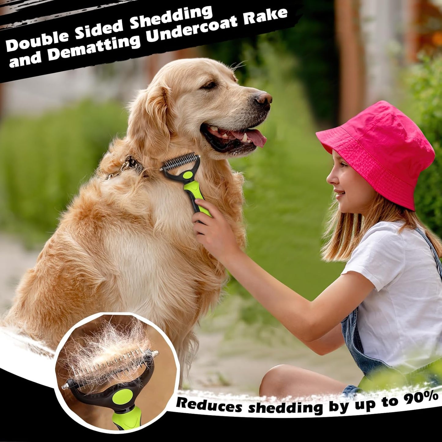 Skiennix 3PCS Pet Grooming Set - Self-Cleaning Slicker Brush, Rake & Flea Comb for Dogs, Cats & Horses | Skin-Friendly Dematting Tool (Green)