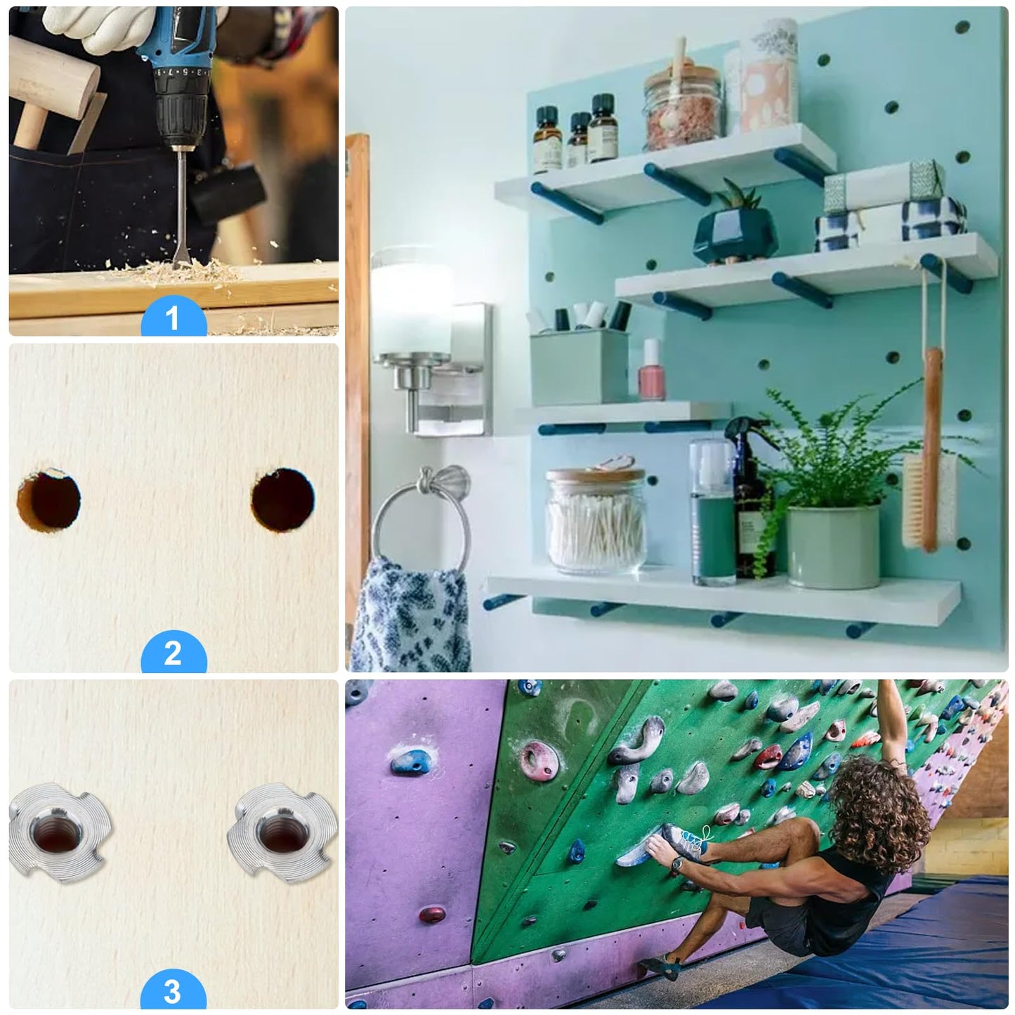 3/8"-16 T-Nuts (20 Pack), 304 (18-8) Stainless Steel, 7/16" Barrel Length, 4-Pronged Tee Nut for Wood, Rock Climbing Holds, Cabinetry