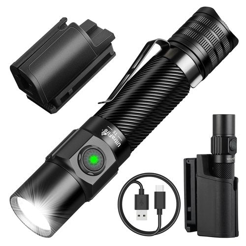 ULTRAFIRE Tactical Flashlight with Belt Holster, 1800 High Lumen Rechargeable Flashlight with Duty Belt Holder, Security Flashlight for Police, Law Enforcement, 6 Modes LED Flashlight with Dual Switch