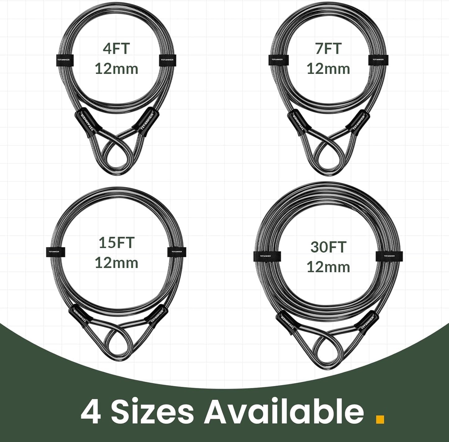 Titanker Bike Lock Cable - Heavy Duty 12mm Thick Steel Security Chain | Vinyl Coated, Multiple Lengths Available (4ft, 7ft, 15ft, 30ft)