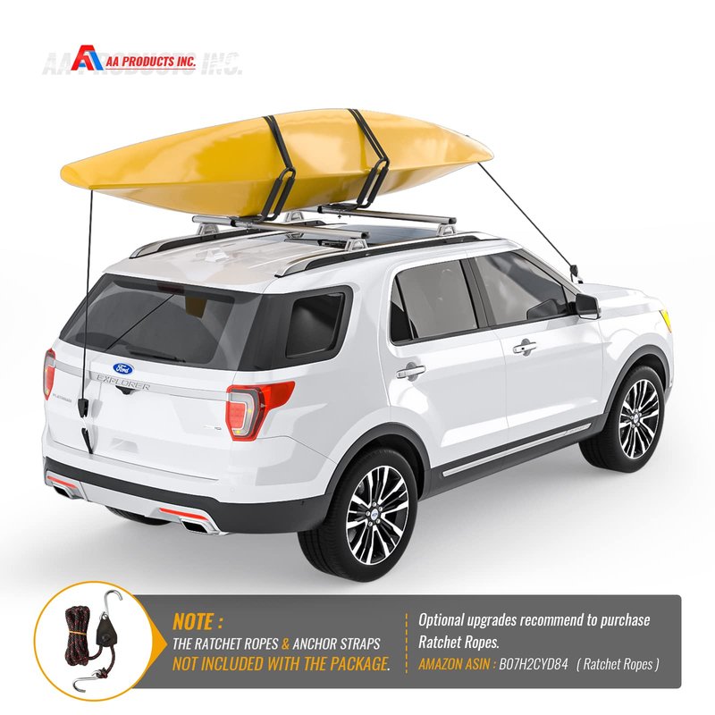 AA-Racks J-Bar Rack for Kayak Carrier Canoe Boat Paddle Board Surfboard Roof Top Mount on Car SUV Truck Crossbar with 16 Ft Ratchet Lashing Straps