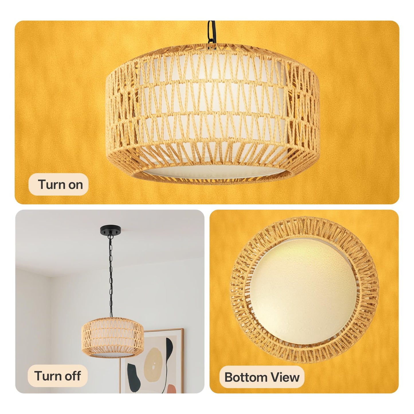 ILVUFORGOOD Boho Rattan Chandelier, 3-Light Farmhouse Pendant Light with Linen Shade, Hand-Woven Ceiling Light Fixture for Dining Room, Bedroom, Kitchen Island, E26 Base (Bulbs Not Included)