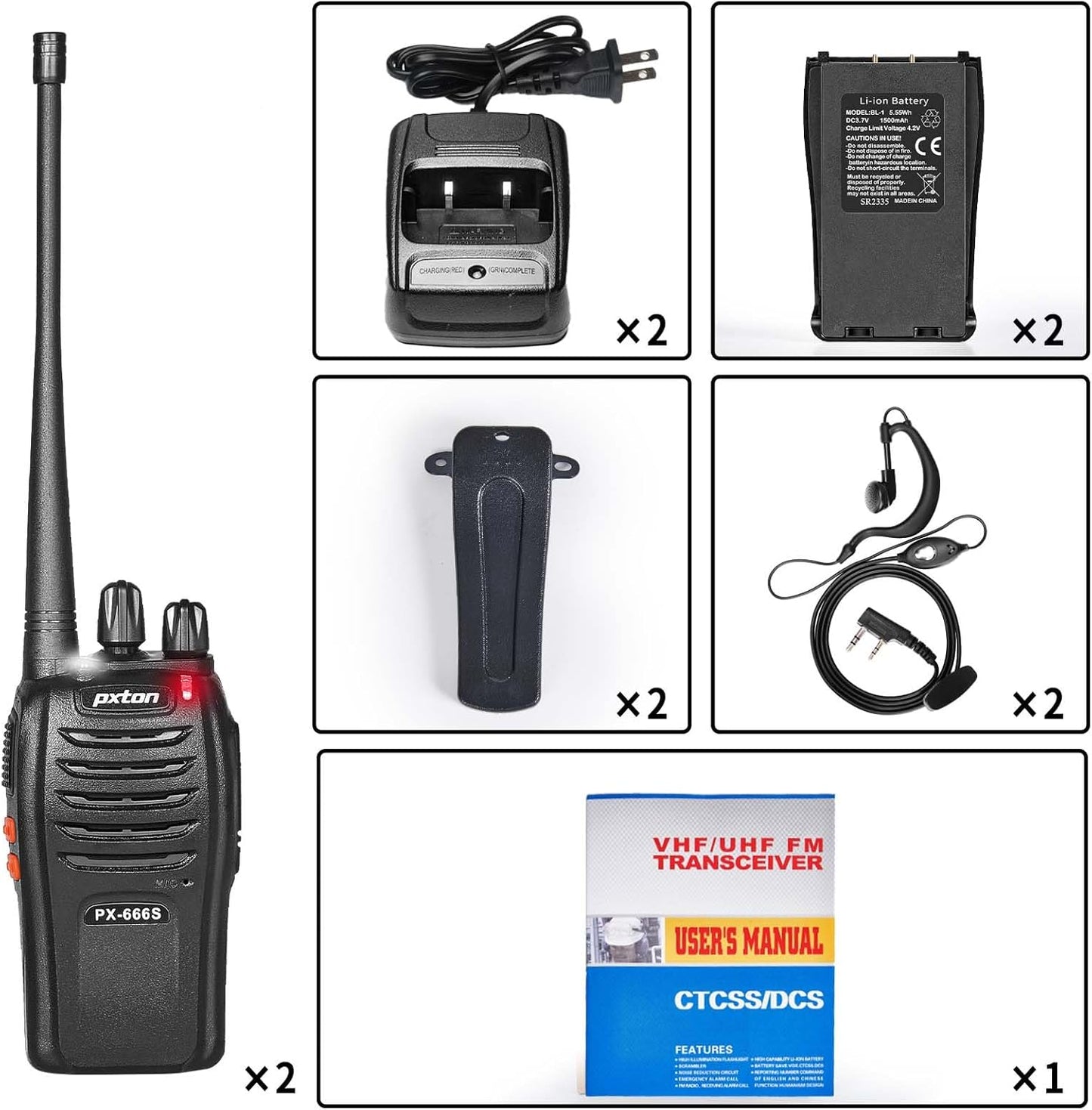 Pxton Walkie Talkies - 666S Long Range Rechargeable Two-Way Radios with Headphones | VOX, Noise Reduction & Flashlight (2 Pack)