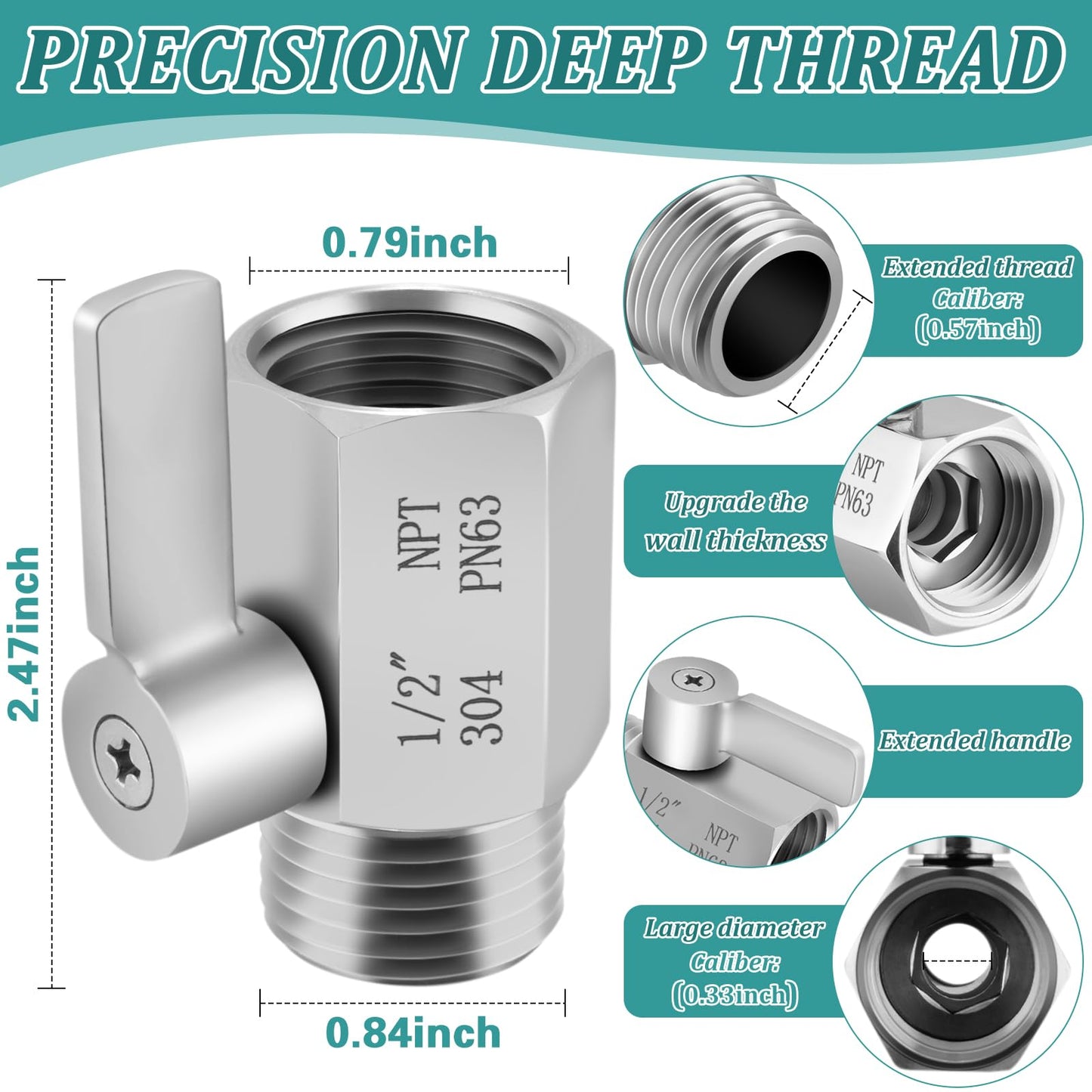 Shower Head Shut Off Valve 304 Stainless Steel Mini Ball Valve(1/2" Female X Male) NPT Thread Water Flow Control，RV Shower Head with Hose Flow Restrictor