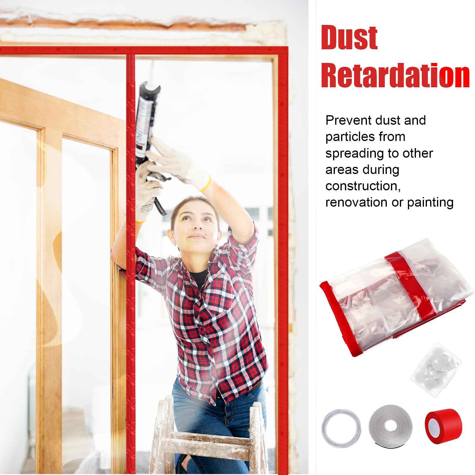 Preboun 1 Set Magnetic Dust Barrier Zipper Door Kit 4' x 7.5' Construction Barriers Dust Door Plastic Doorway for Construction Self Closing Curtain for Doorways Room (Red)