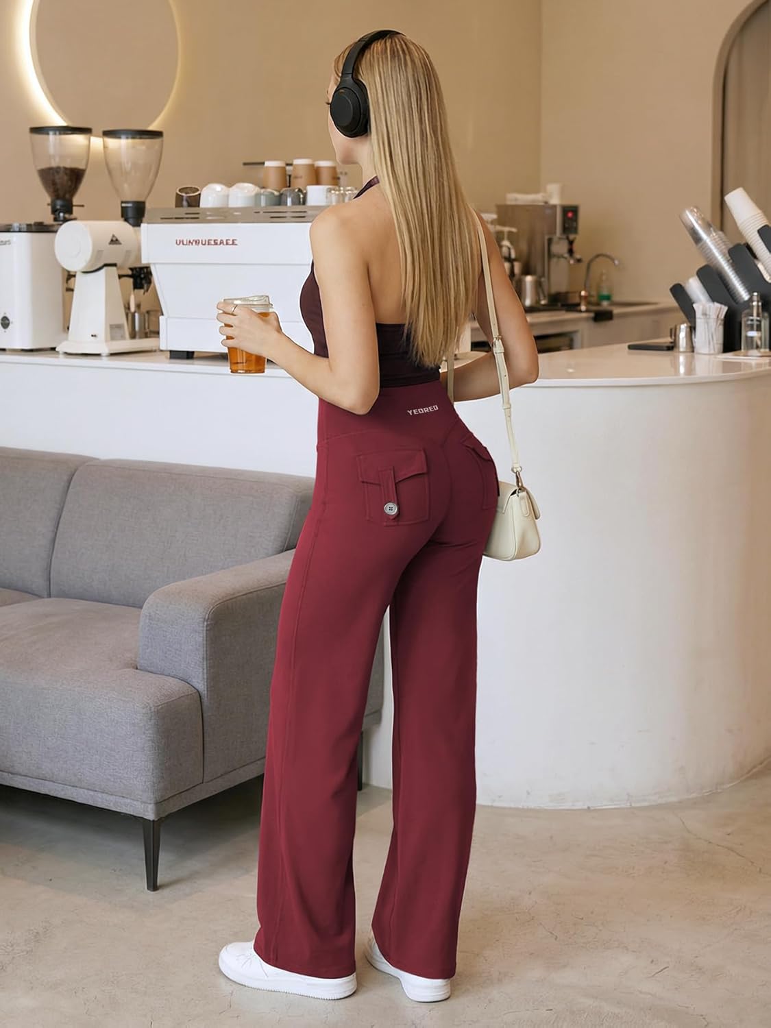 YEOREO High Waist Yoga Pants - Straight Leg Leggings with Pockets & Hidden Scrunch Design