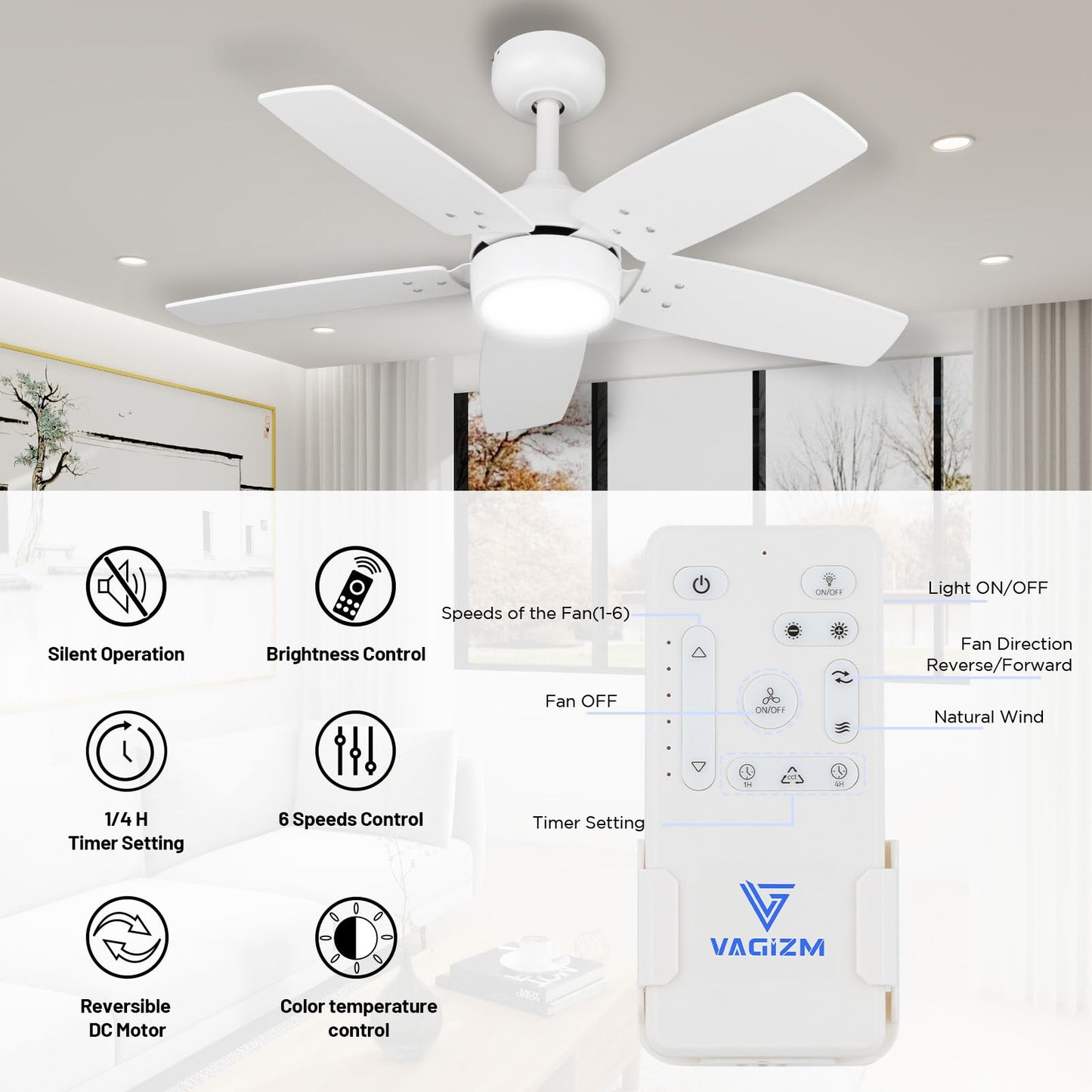 Vagizm Ceiling Fan 36'' for Small Room: Matte White Modern Fans with Light Remote Control - Reversible Quiet DC Motor Dimmable with 6 Speeds for Dorm Room Bedroom Indoor Outdoor Use