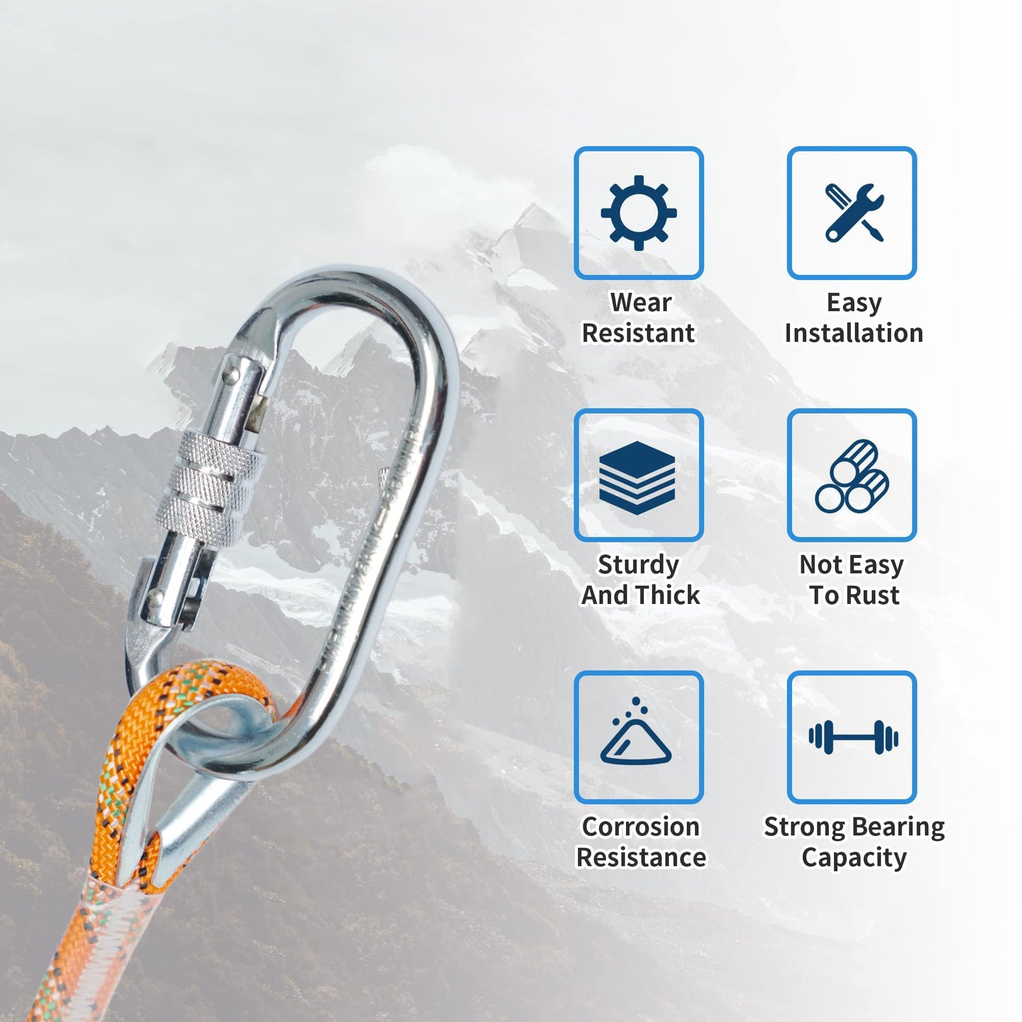 EMEKIAN 2 Pack Oval Indoor Outdoor Climbing Carabiner, Screw Locking Heavy Duty Safety Caribeener Clips, 25 KN (5600 LBS) for Hammock, Rope, Hiking, Camping