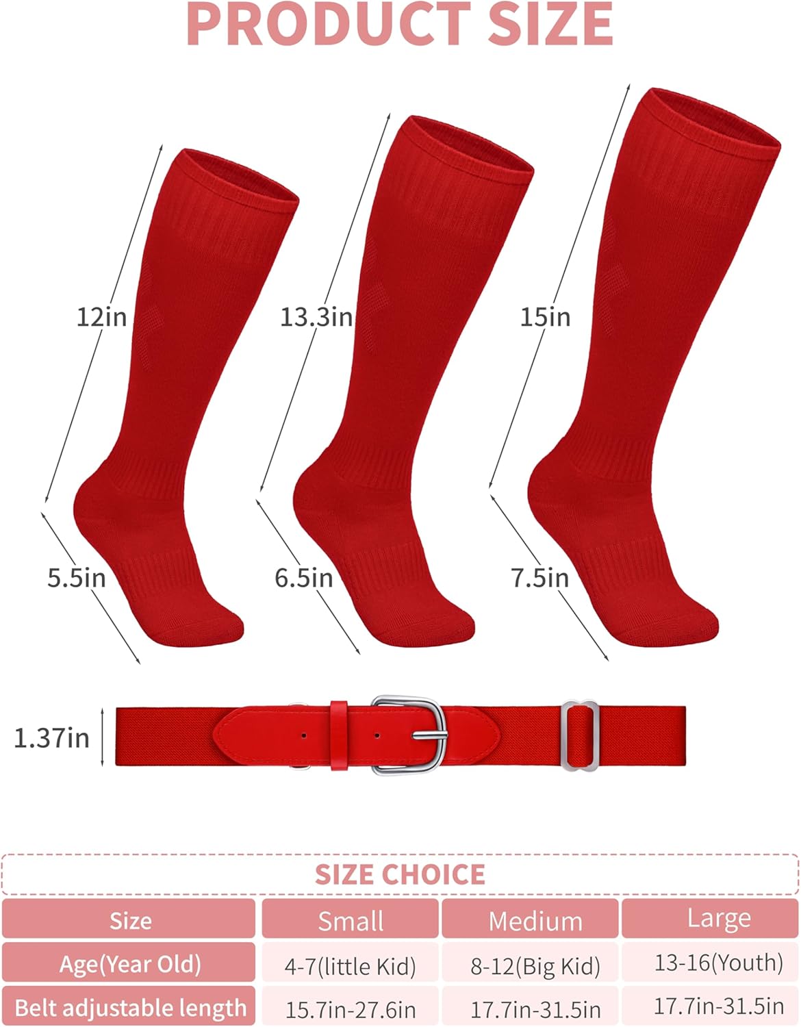 Skiennix Youth Baseball Socks & Belt Set - Adjustable Cotton for Boys & Girls - 2 Pairs