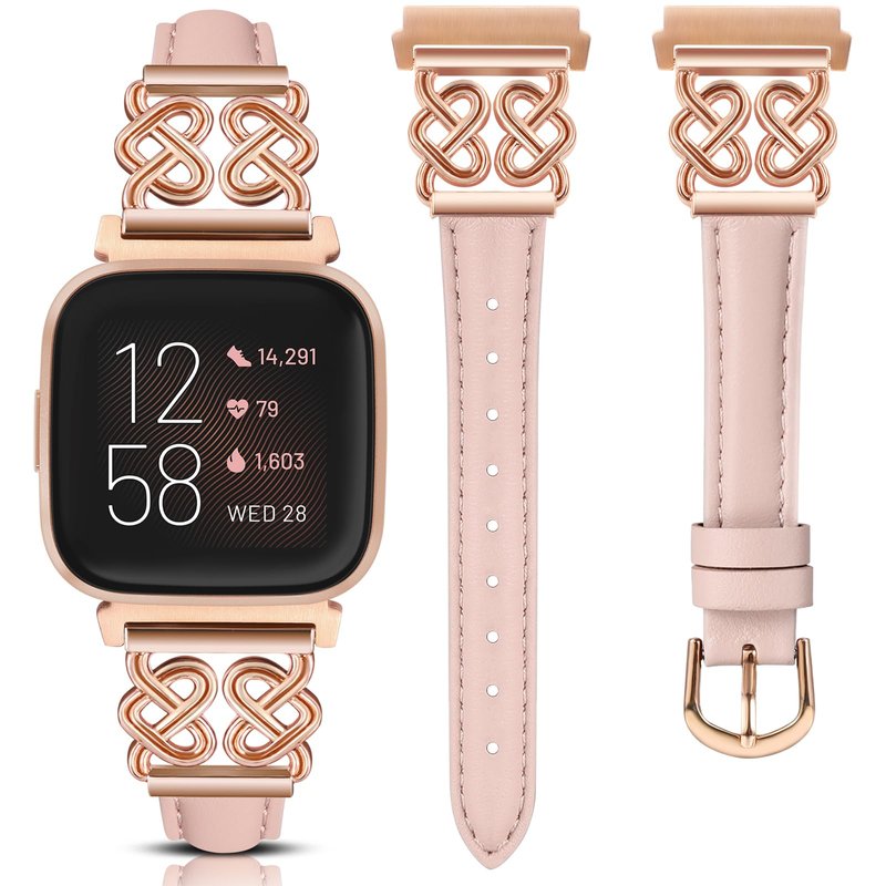 Minyee Leather Band Compatible with Fitbit Versa 2/Fitbit Versa/Versa Lite Bands Women, Dressy Slim Thin Leather Strap with Designer Celtic Heart Knot Buckle for Versa 2 Smartwatch, Pink/Rose Gold