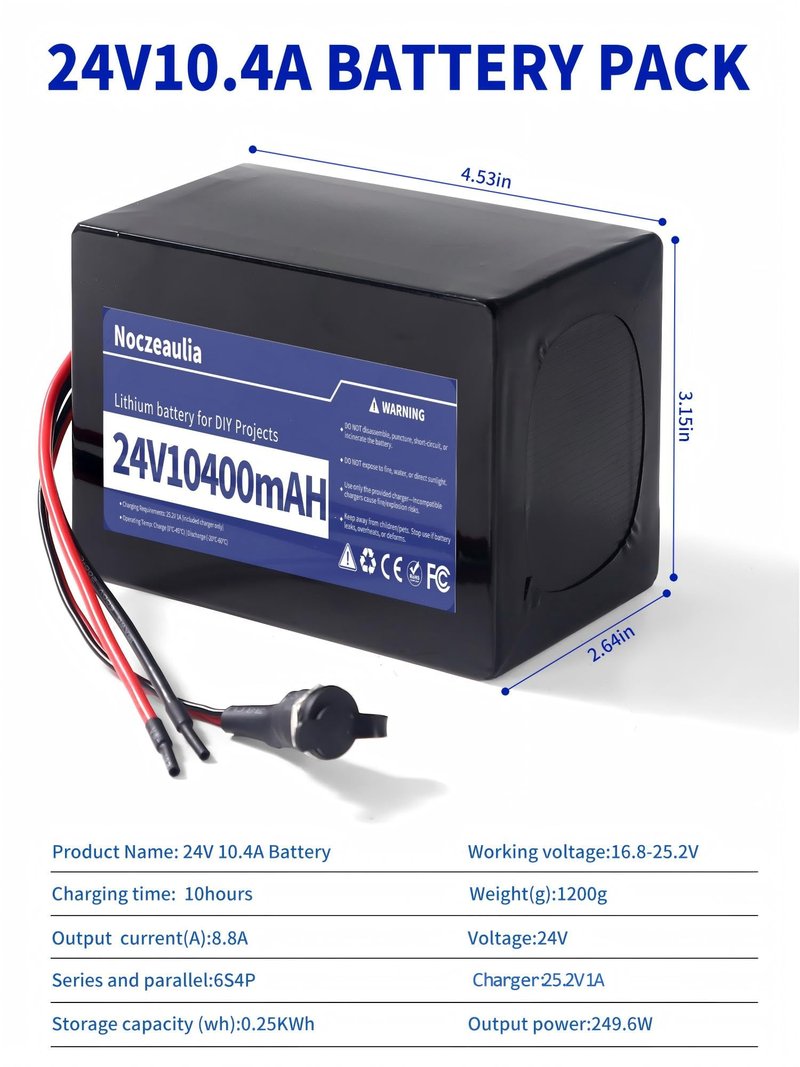 Noczeaulia 24V 10.4Ah Lithium Battery with 25.2V 1A Charger, 24V Rechargeable Battery for LED Strips and DIY Projects Black