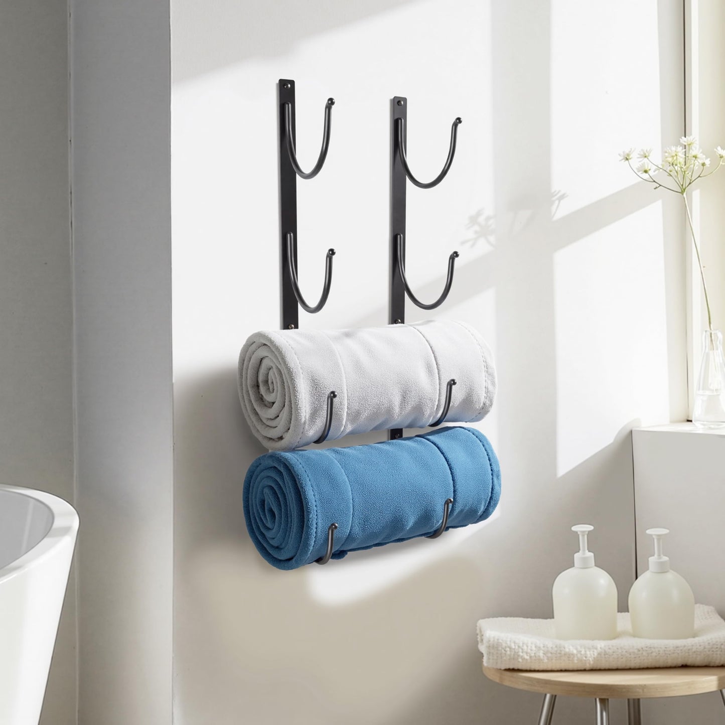 Bathroom Rolled Towel Rack: 4-Tier Wall Mounted Towel Storage Holder, Hanging Organizer for Towels, Blankets, Large Bath Sheets, Space Saving in RV, Closet, Toilet, Cabinet, Black Metal