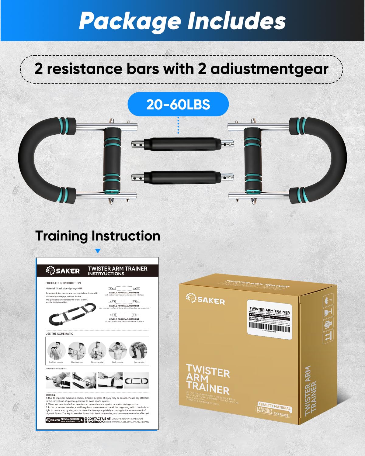 2026 New Saker Twister Arm Trainer, Adjustable Chest Workout Equipment,Forearm Strengthener, Arm Exercise Gift for Home Gym, for Men, Ideas for Fitness Enthusiasts (20-60LB)