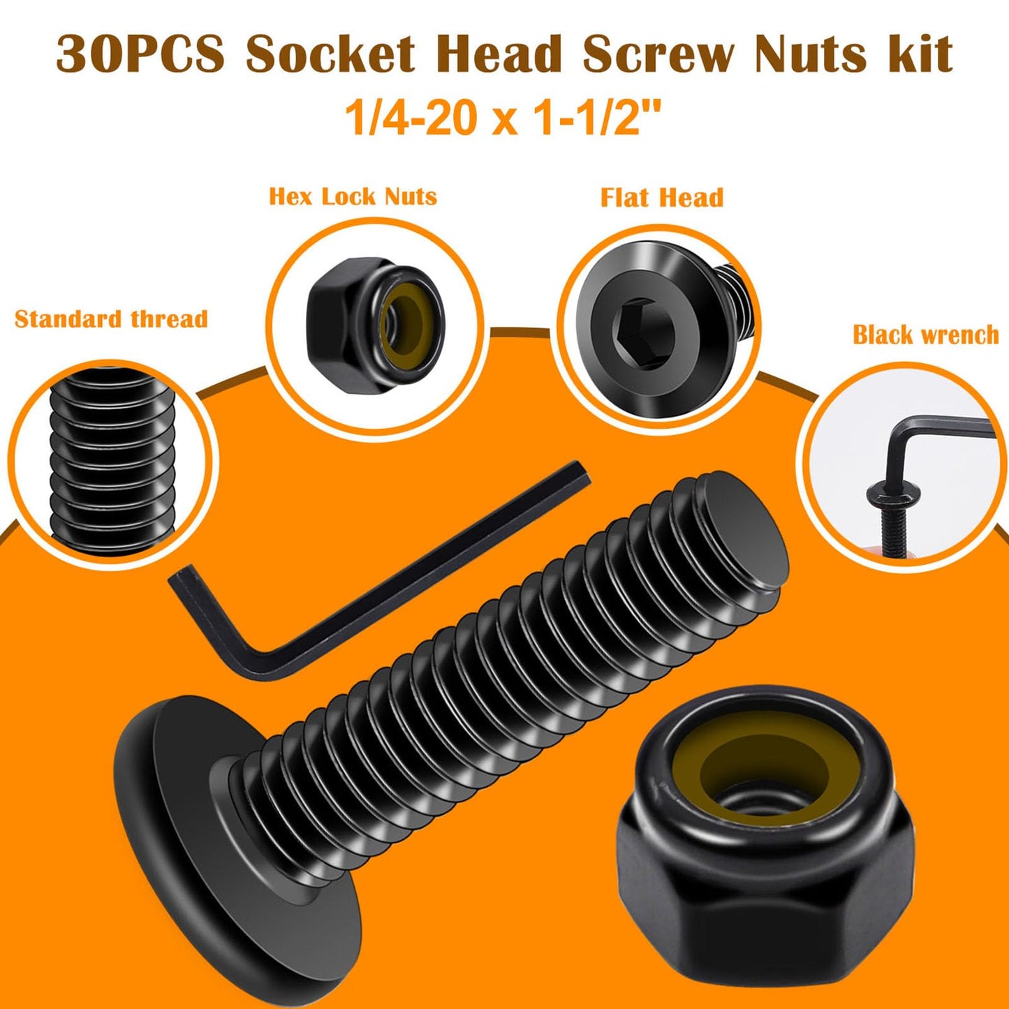 weideer 30pcs 1/4-20 x 1-1/2" Nuts and Bolts Kit, Stainless Steel 18-8 (304) Flat Head Hex Socket Cap Furniture Bolts,Nylon Insert Hex Lock Nuts with Hex Spanner