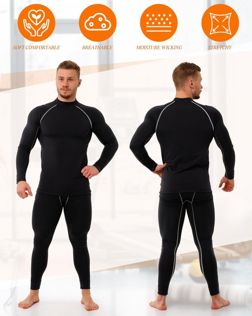 Hicarer 4/6 Set Men's Compression Shirts Pants Long Sleeve Base Layer Set Thermal Underwear for Men Running Gym Yoga Sports(6 Set,Dark Colors,Large)