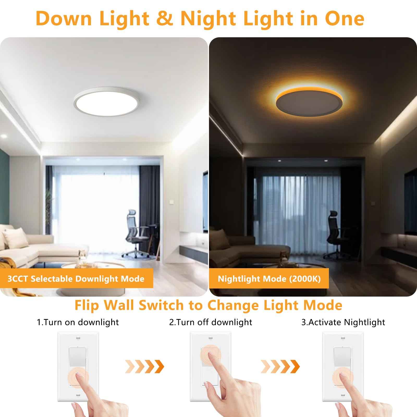 YELIOLED 6 Pack of 12 Inch LED Flush Mount Ceiling Light Fixture with Night Light, 24W 2400LM, 3000K/4000K/5000K 3CCT Selectable, Dimmable Wired LED Ceiling Lights for Bedroom,White