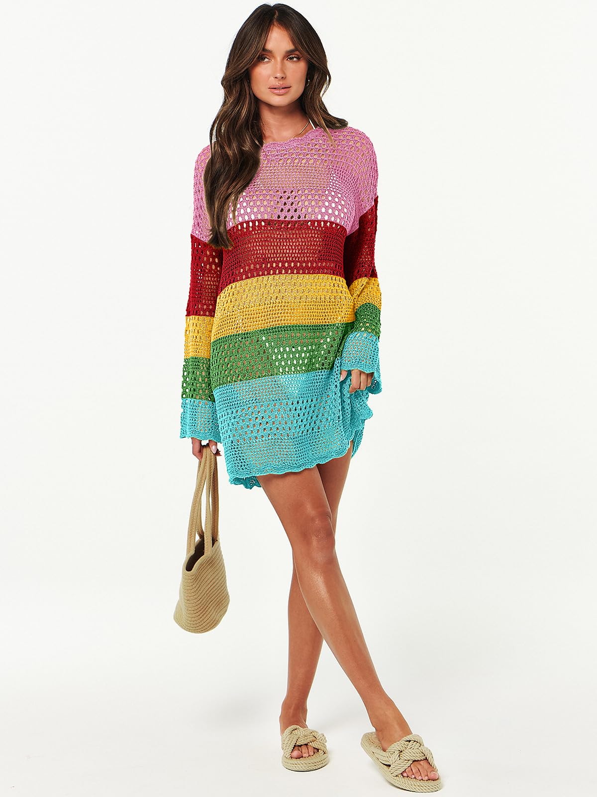 ANRABESS Women Swimsuit Crochet Swim Cover Up 2026 Summer Bathing Suit Swimwear Mesh Knit Beach Dress Vacation Outfits Rainbow Stripe Small