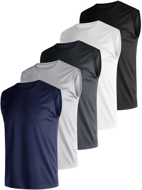 Quazia Mens 5 Pack Quick Dry Tank Tops, Moisture Wicking, Mesh Lightweight T-Shirts, Athletic Weightlifting Sleeveless,5P1,L