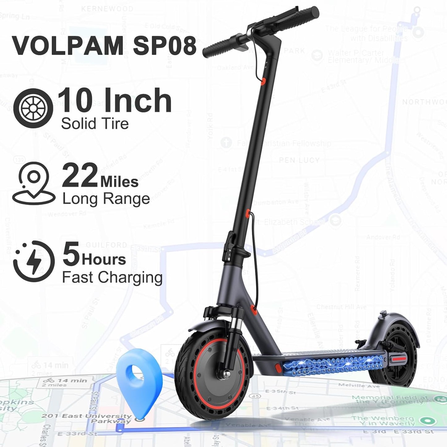 VOLPAM Electric Scooter - 500W Motor, 23-Mile Range, Dual Shock Suspension, 19 MPH Speed, 10" Foldable Design