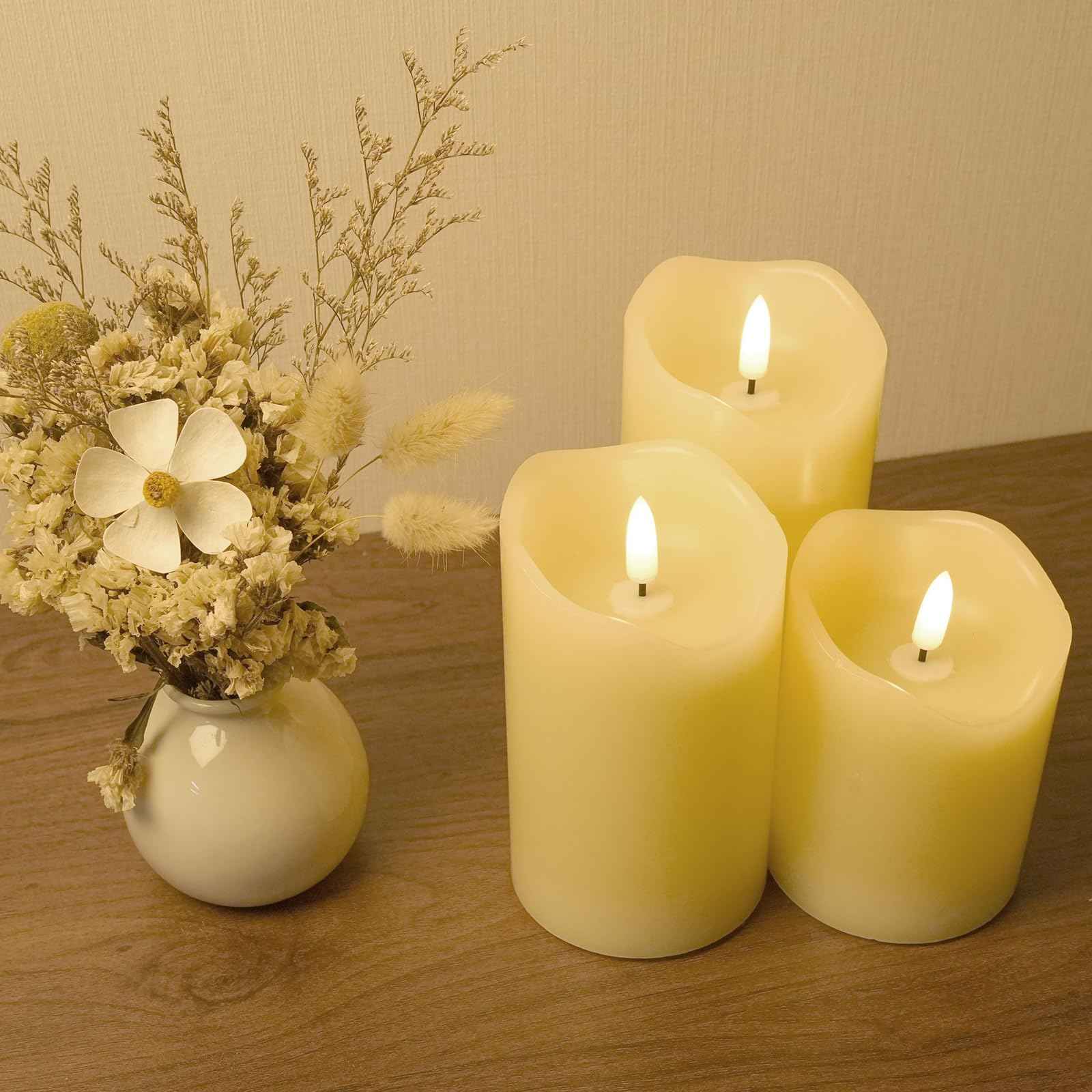 Homwamee Flameless Candles with Remote - Realistic 3D Flickering LED Candles, Timer & 3 Sizes (4”/5”/6”), Battery Operated Safe Real Wax Candles for Home/Wedding/Party Decor, Set of 3