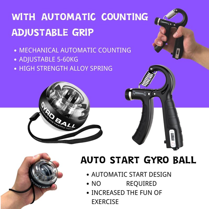 Qishangnana Hand Grip Strengthener Workout Kit (8 Pack) Forearm Grip Adjustable Resistance Hand Gripper, Finger Stretcher, Gyro Ball，Finger Exerciser, Grip Ring