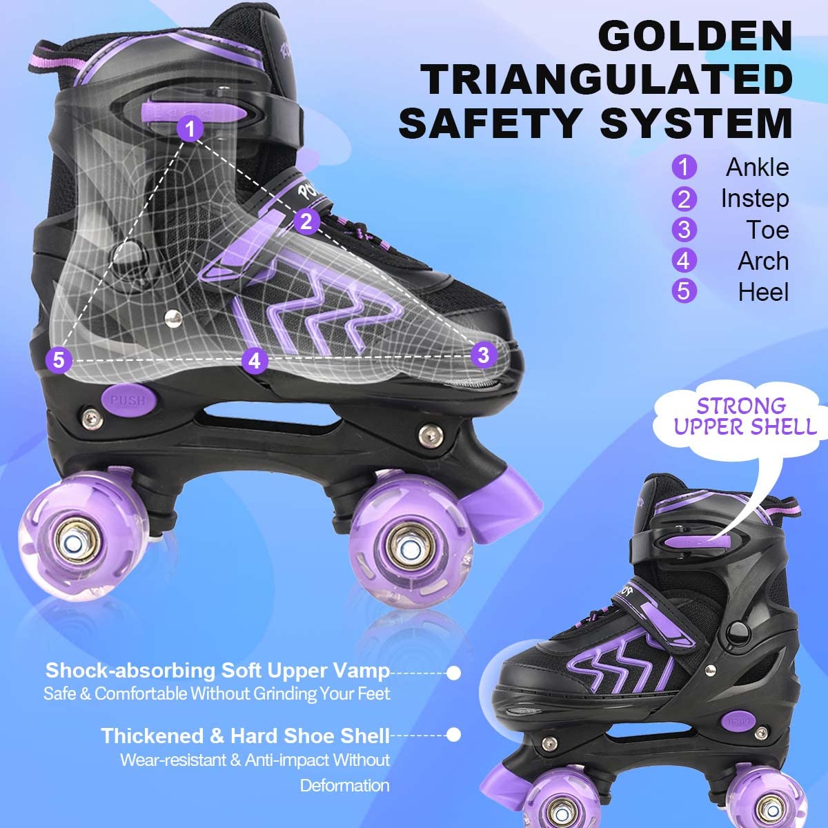 Kids Roller Skates for Girls Ages 6-12, Black&Purple 4 Sizes Adjustable Boys Roller Skates with Light up Wheels Size M