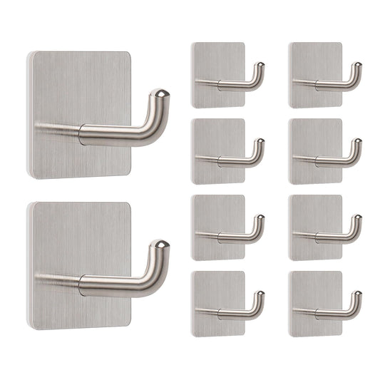 Livabber Adhesive Towel Hooks, 304 Stainless Steel Self Sticky Wall Hooks Waterproof Shower Hooks for Robe/Clothes, No Drilling Towel Hangers for Bathroom Kitchen Bedroom (Brushed Nickel, 10 Packs)