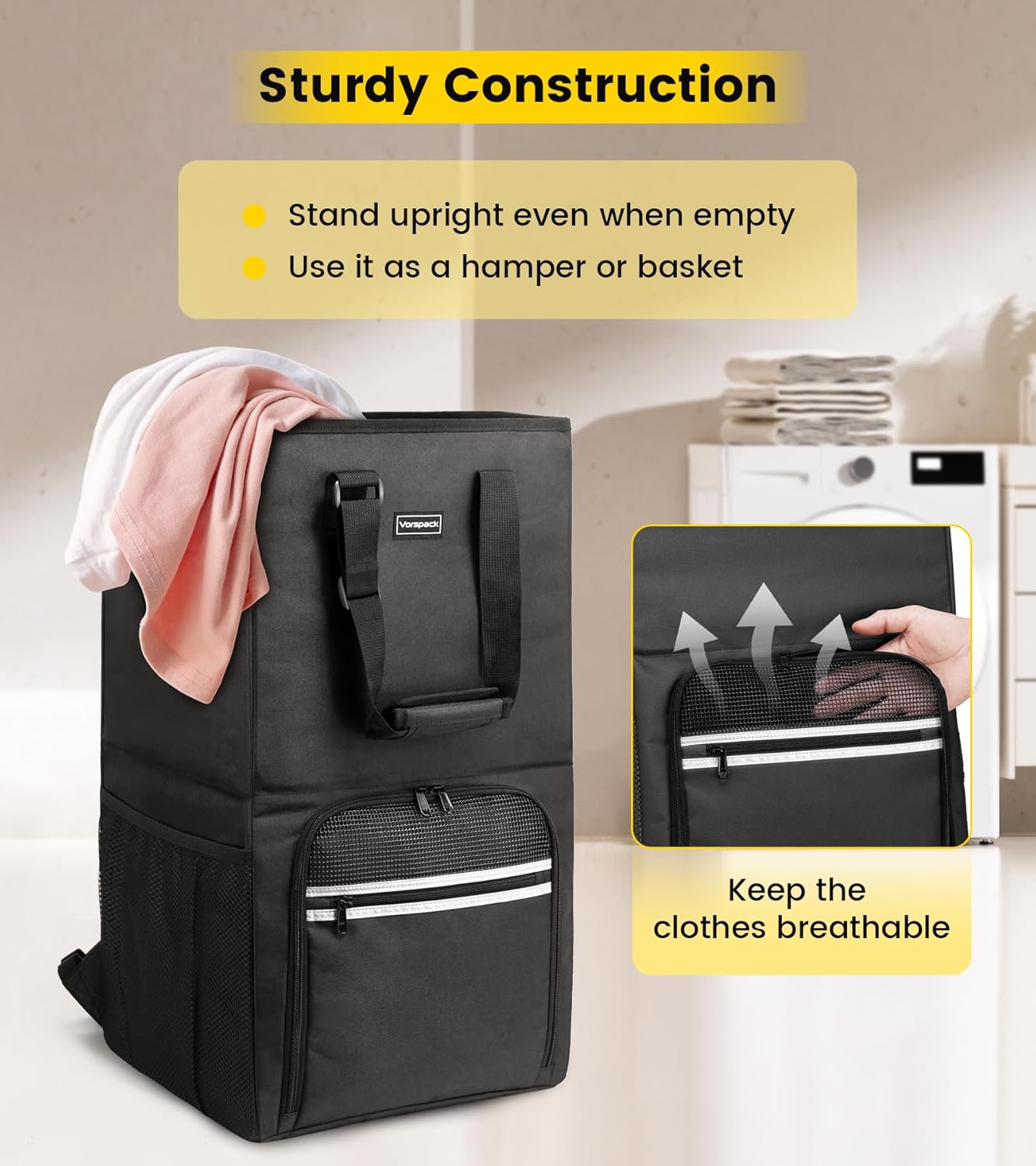 Vorspack Laundry Bag Backpack - Extra Large Heavy-Duty Hamper with Shoulder Straps | Ideal for College Dorms & Laundromats - Black