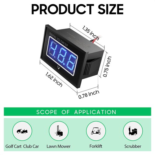 10L0L 1 Pack Golf Cart Digital Voltmeter, Waterproof LED Battery Voltage Meter, DC 5-120V for 12V 24V 36V 48V 60V 72V Systems, Compatible with Club Car, EZGO, Yamaha, Boats