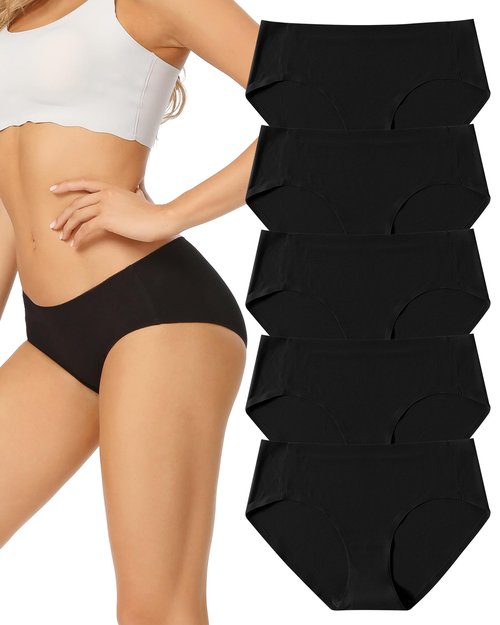 voenxe Seamless Underwear for Women Black,Hipster No Show Ladies Panties Line,Breathable Stretch Bikini,Invisible Workout Briefs,Comfortable Soft Undies,Gym Underpants,5 Pack