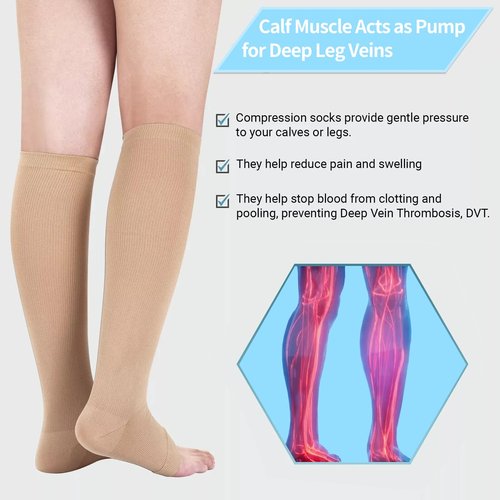Sheer Compression Socks for Women and Men, 15-21 mmHg , Open Toe, Knee High Length Compression Stockings for Varicose Veins, DVT, Edema, Running, Nursing (L)