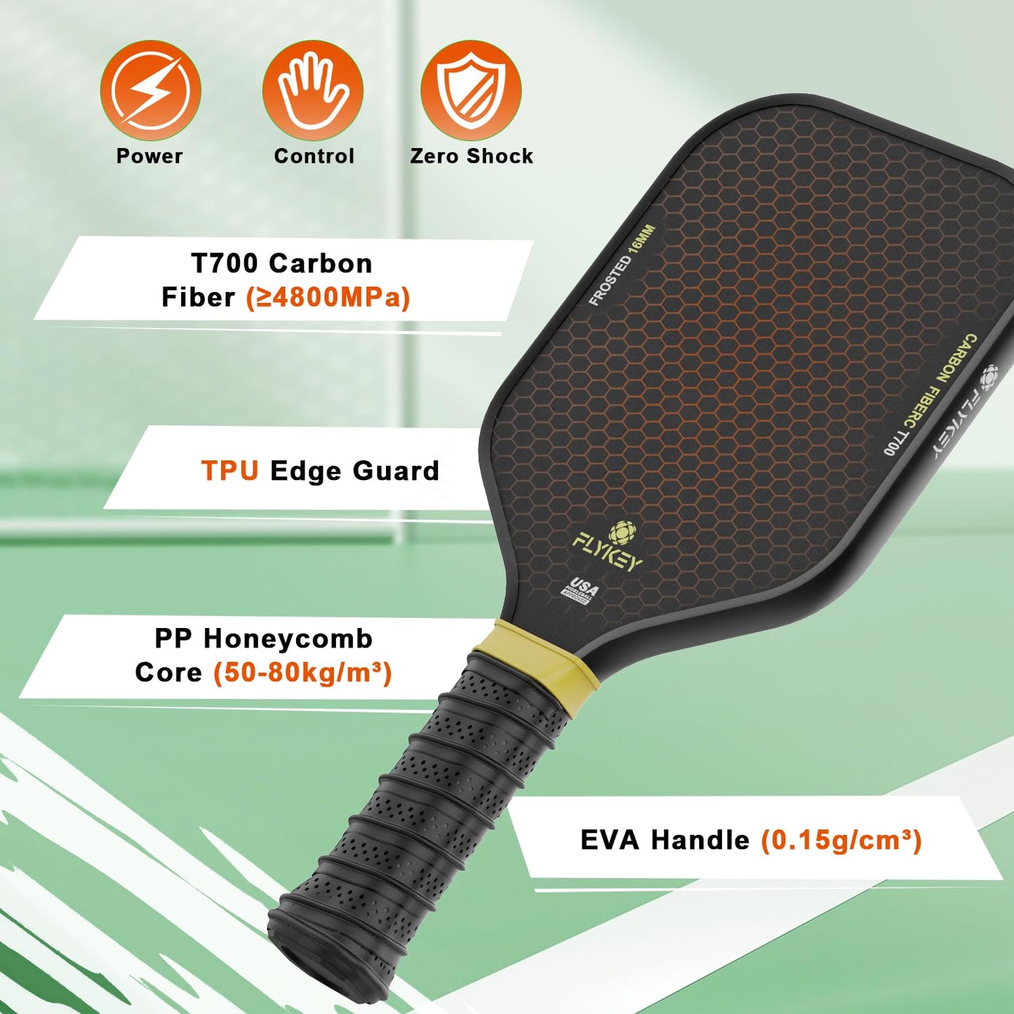 FLYKEY Pickleball Paddles, T700 Carbon Fiber Pickleball Paddle with a 16mm Shark Power Polymer Core, USAPA Approved Pickle Ball Paddle, Strong Spin and Power Surface,Strong Shock Absorption