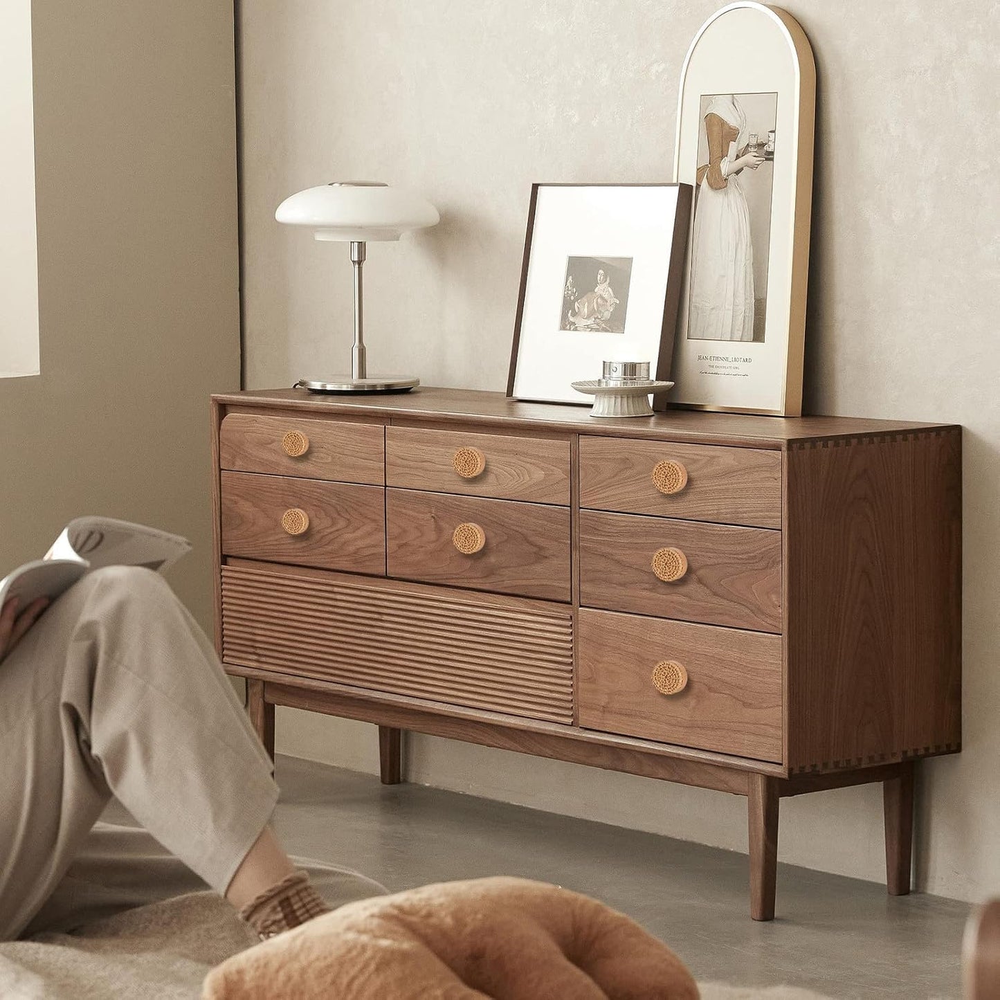 Wcatea 6 Pack Boho Dresser Knobs and Screws Diameter 1.6in Made of a Combination Durable Beech Wood and Hand Woven Rattan Pieces