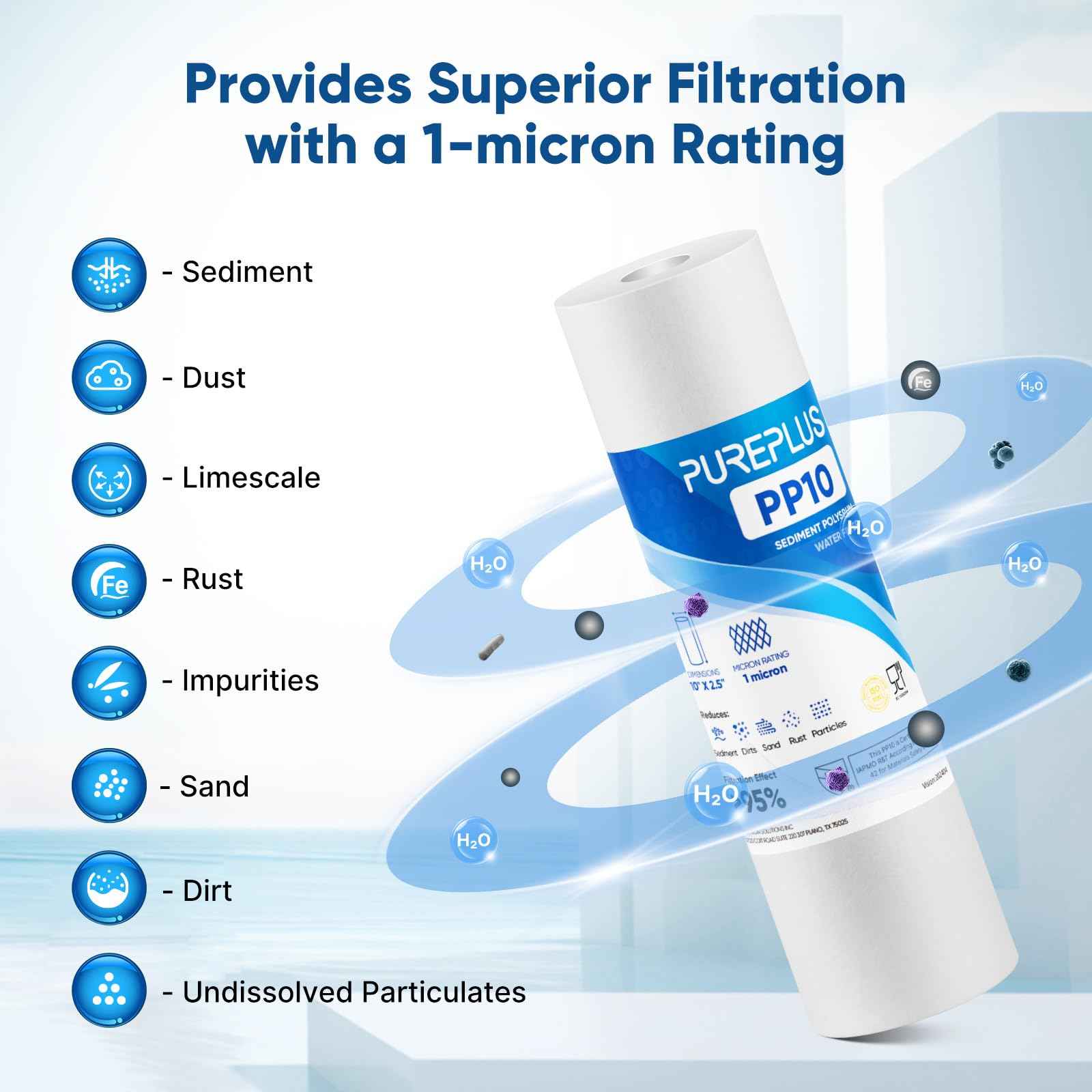 PUREPLUS 1 Micron 10" x 2.5" Whole House Sediment Home Water Filter Cartridge Replacement for Any 10 inch RO Unit, Culligan P5, Aqua-Pure AP110, Dupont WFPFC5002, CFS10, WHKF-G05, 4Pack