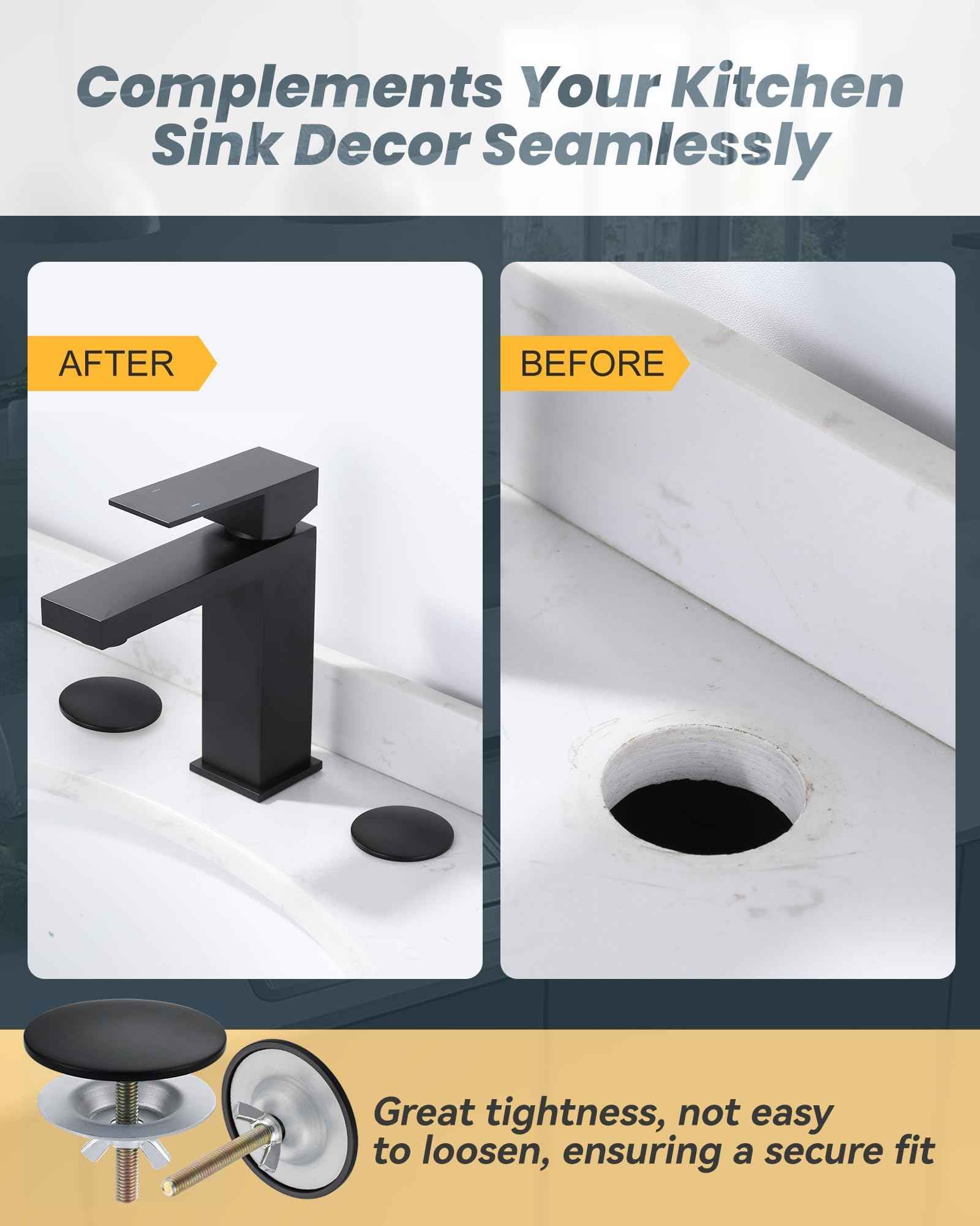 Brass Metal Faucet Hole Cover, 2-PCs Plug for Sink Countertop, Matte Black