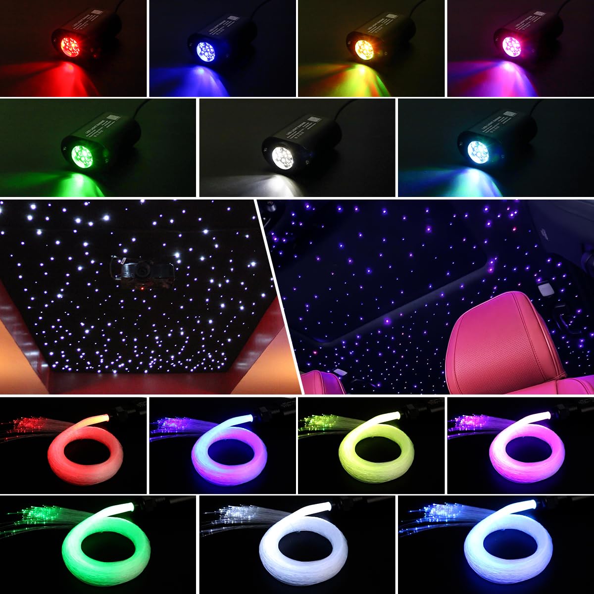 AKEPO 6W Mini Size Twinkle RGBW Fiber Optic Lights, Mixed 295pcs 9.8ft/3m Music Activated APP Control Optical Fiber Optic Star Ceiling Light Kit for Home and Car Starlight Headliner Kits