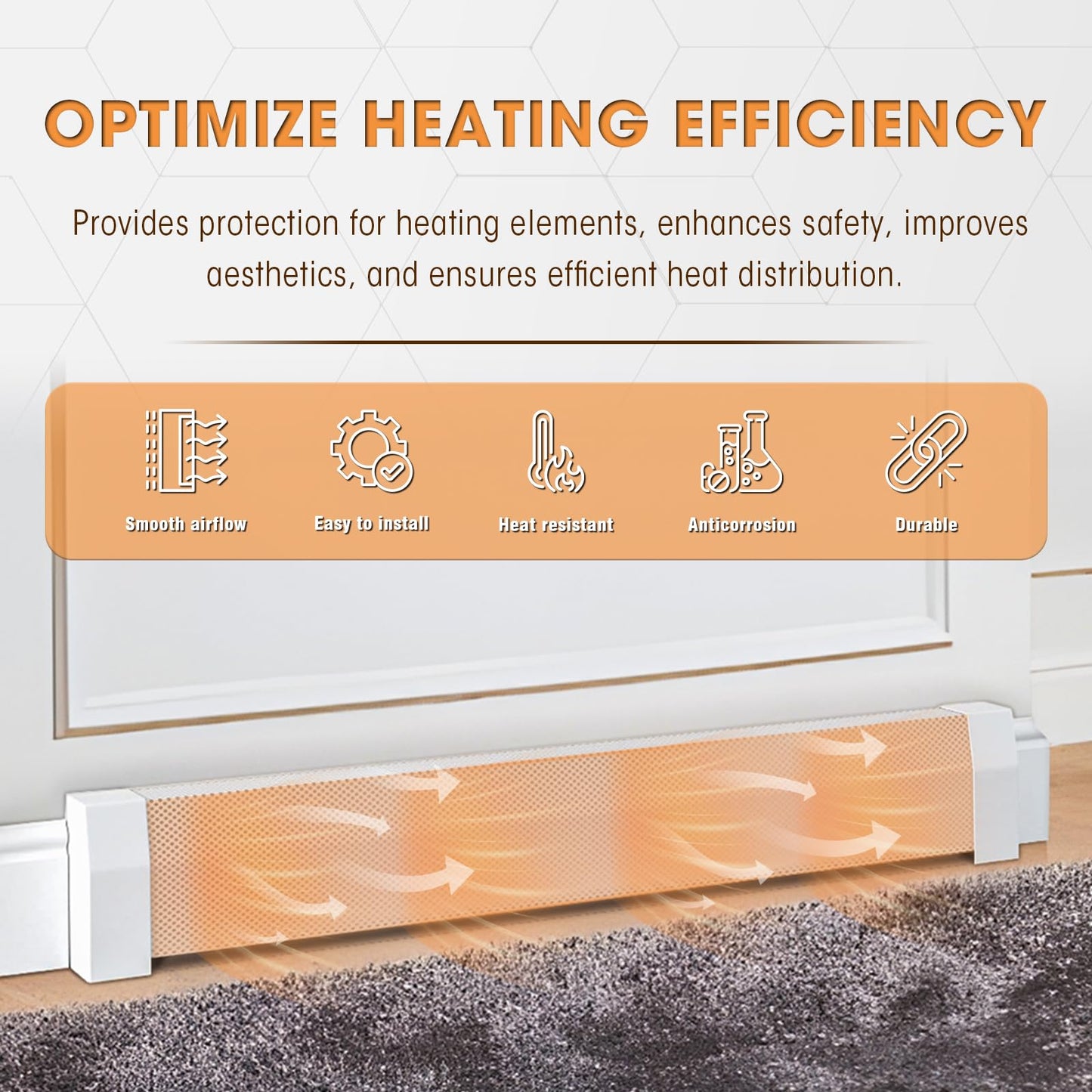 5ft Steel Easy Slip-On Baseboard Heater Cover with End Caps for Bathroom & Hydronic System for Replacing Old Cover, White