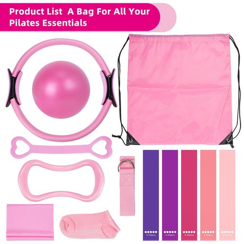 Home Pilates Essentials Kit for Women, Equipment Set with 9 Inch Yoga Ball,Figure 8 Resistance Band,Pilates Bands & Accessories, Ring and Ball Set for Beginners Home Workouts