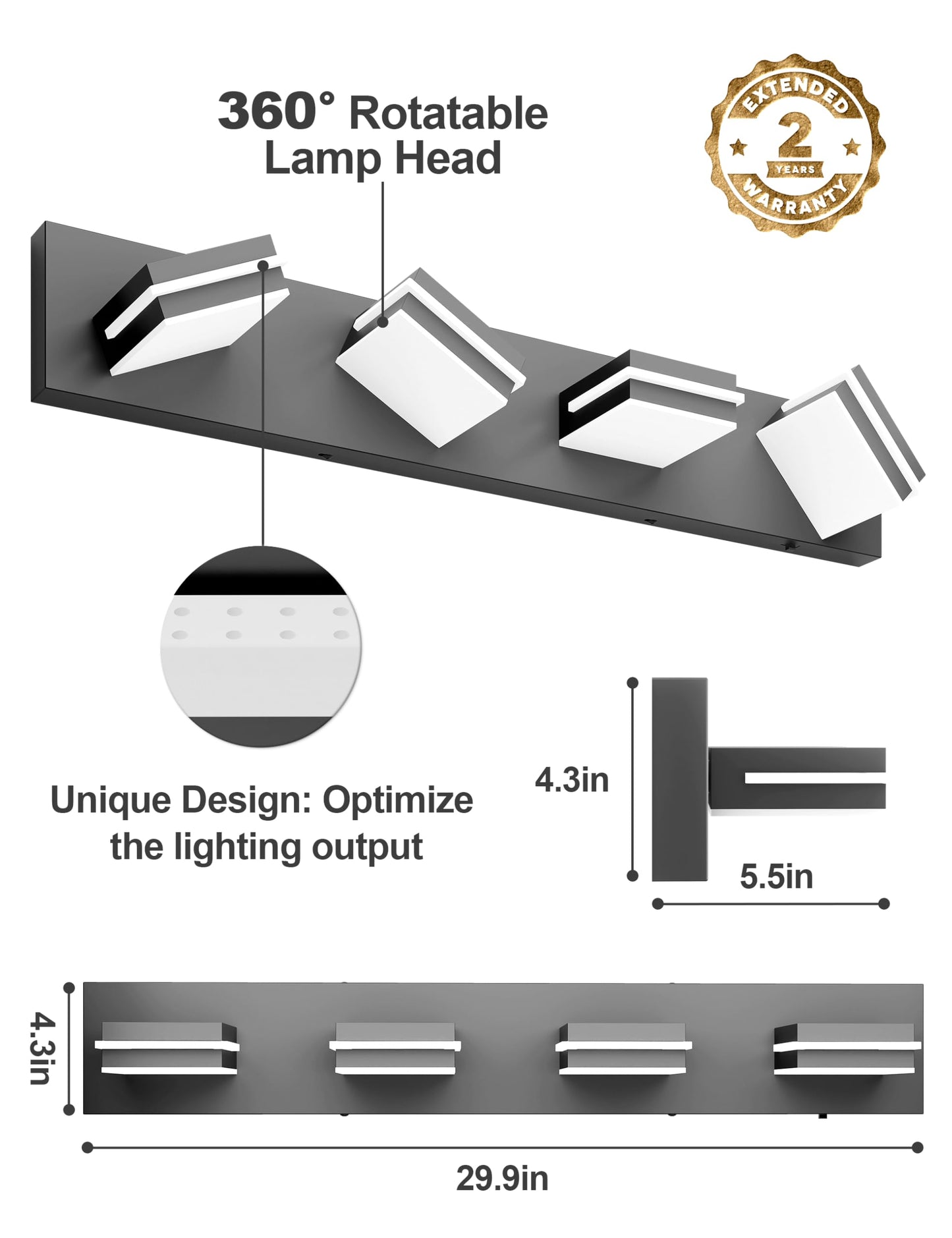 VOLISUN 4 Light Bathroom Vanity Light Fixtures,30 inch Black LED Bathroom Lighting Fixtures Over Mirror, 360°Rotatable Head, LED Vanity Lights for Bathrooms (6000K)