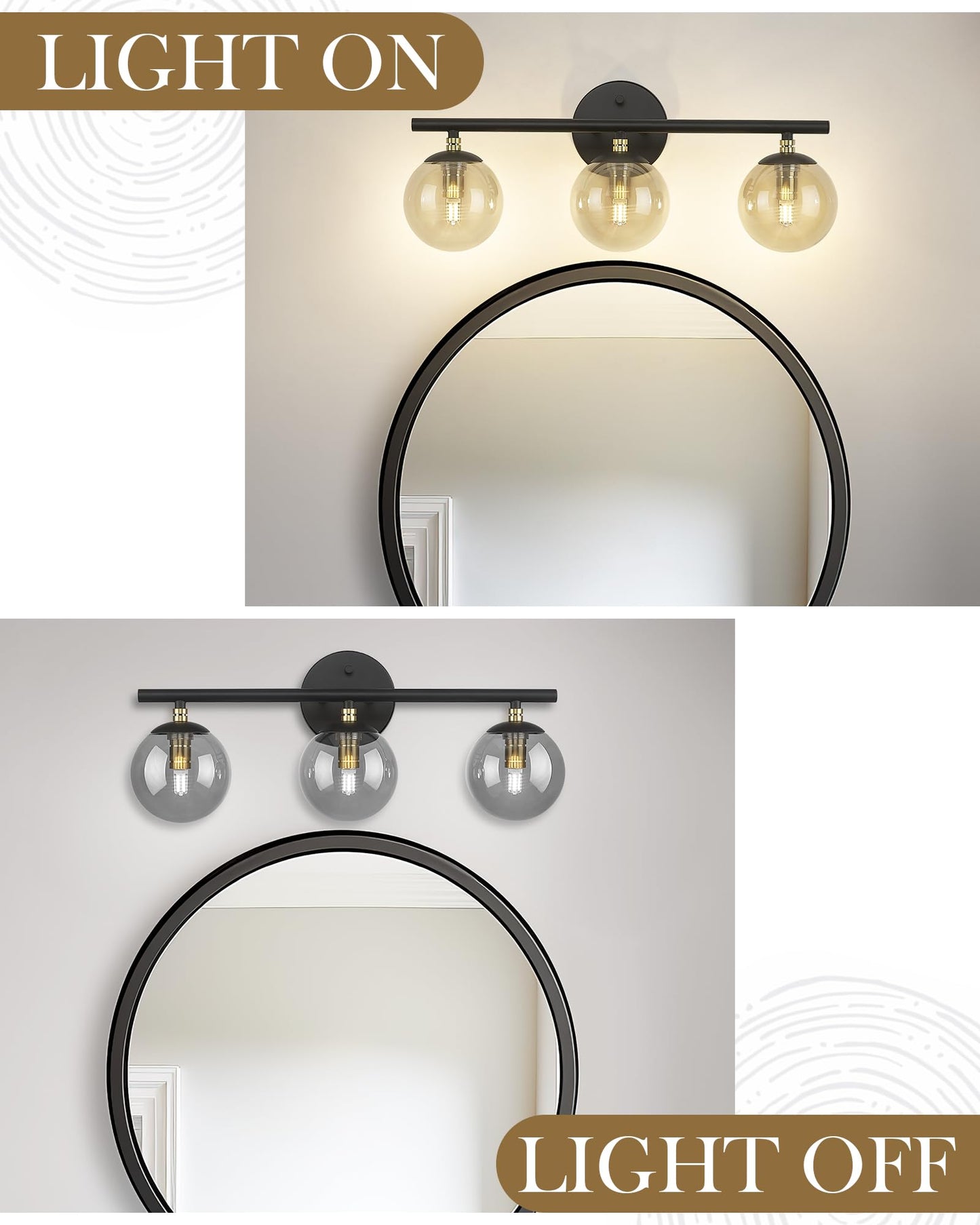 LMS Black Vanity Light, 3-Light Bathroom Light Fixtures 20.5 Inch, Black and Brass Gold Finish with Globe Glass Shade, LMS-117