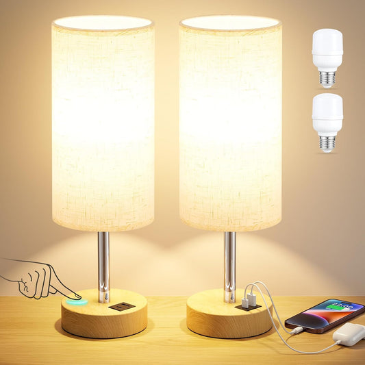 Touch Bedside Lamps Set of 2 - Dimmable Table Lamps with Wooden Charging Station for Bedroom & Kids Room