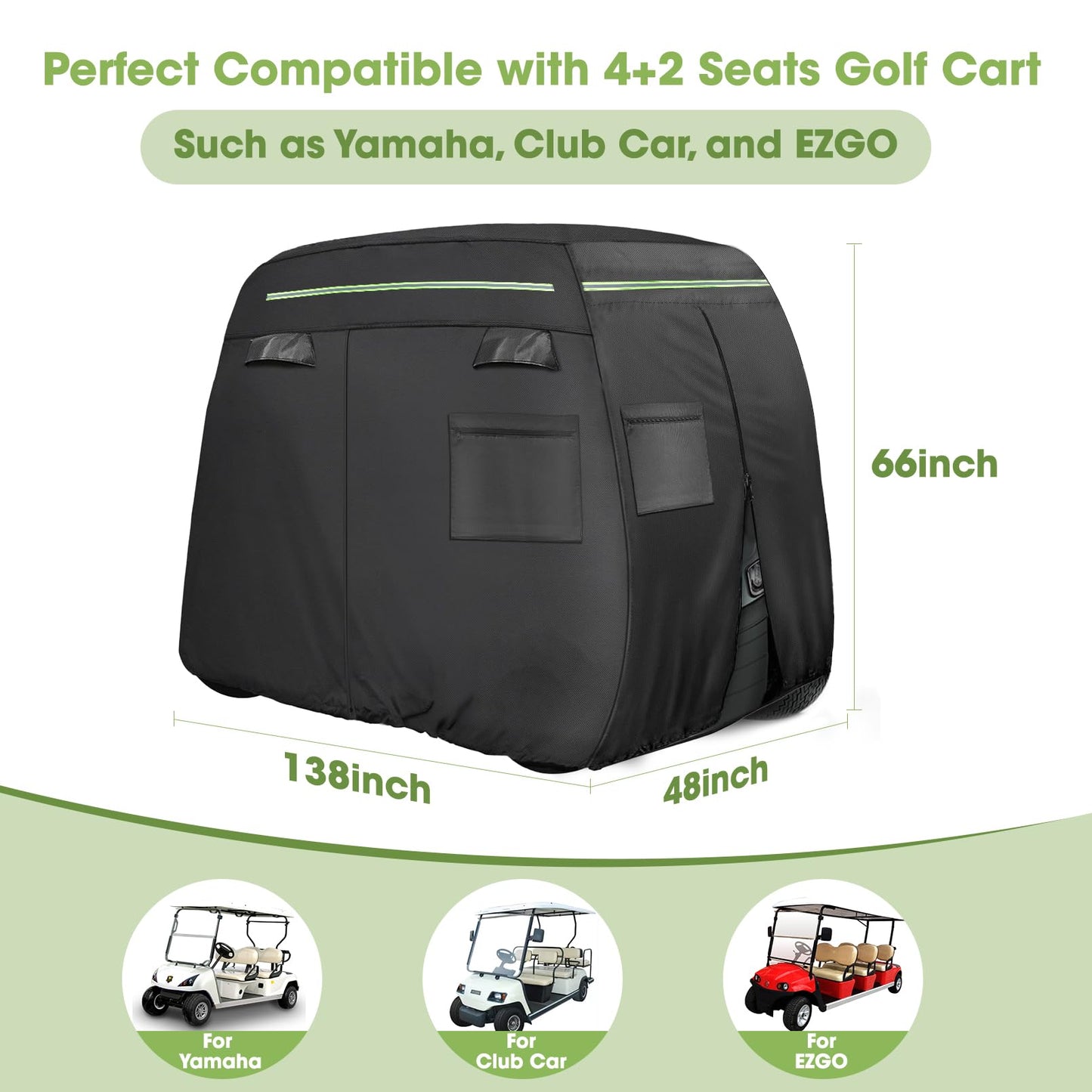 Xoxocos Golf Cart Covers 6 Passenger, Heavy Duty 600D Waterproof Golf Cart Seat Cover EZGO, Club Car, Yamaha, Outdoor 6 Seater with Reflective Strips, Zippered Pockets, Zipper Doors