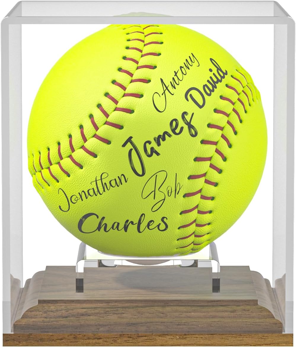 Skiennix Softball Display Case - Acrylic Holder with Walnut Wood Base for Official Size Balls