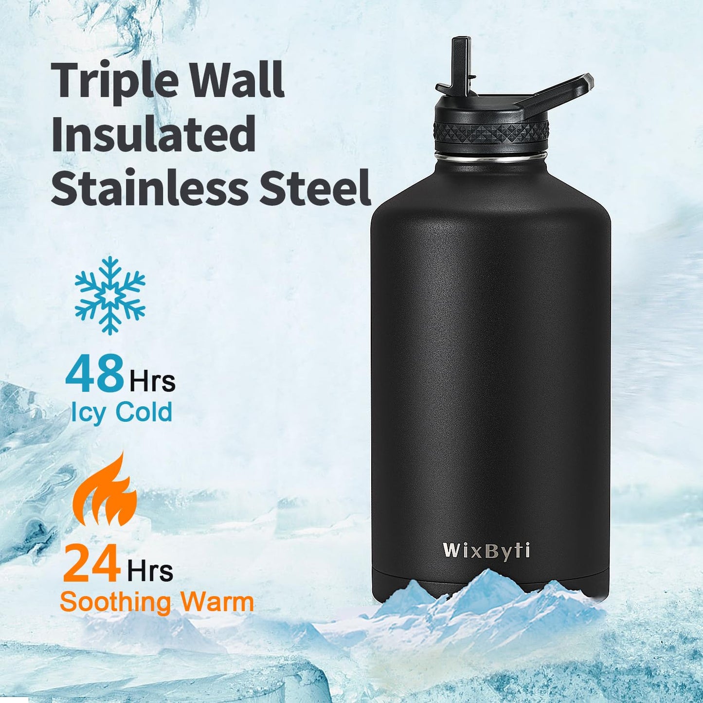 WixByti One Gallon Water Bottle Insulated, Triple Wall Vacuum Cold for 48 Hrs & Leak-proof & Non-BPA, 128oz Large Sports Stainless Steel Water Jug with Paracord Handle Straw Spout Lids & DIY Stickers