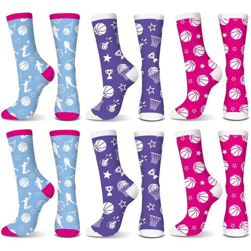Maiteenly 6 Pairs 6 Pairs Girls Basketball Socks Youth Sport Crew Socks Gifts Bulk for Sport Lover Athletic Women Running Players (7.87 x 7.87 Inches,Basketball)