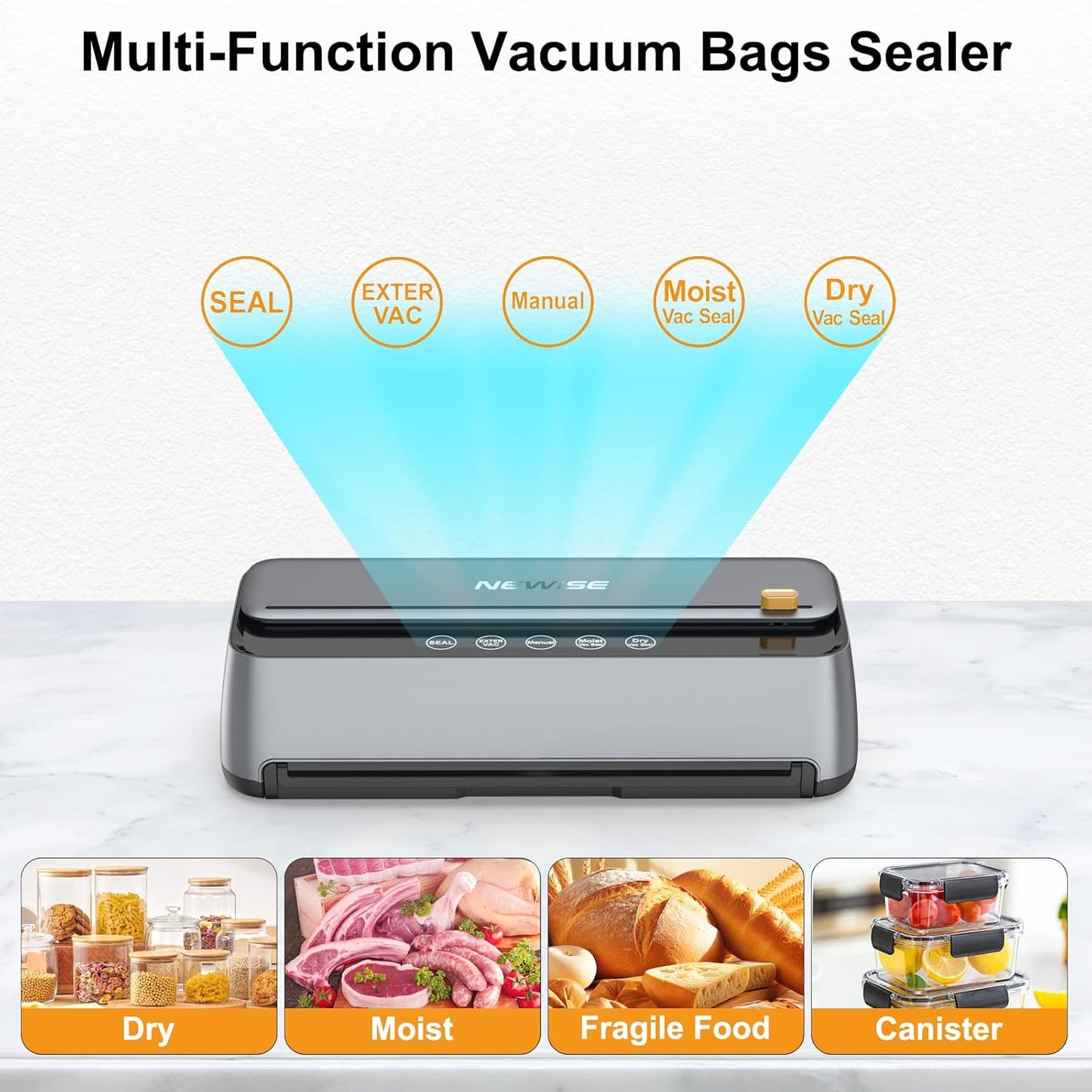 Newise Vacuum Sealer Machine - 85Kpa Powerful Food Preservation for Dry & Moist Items | Built-in Cutter & Self-Cleaning Mode
