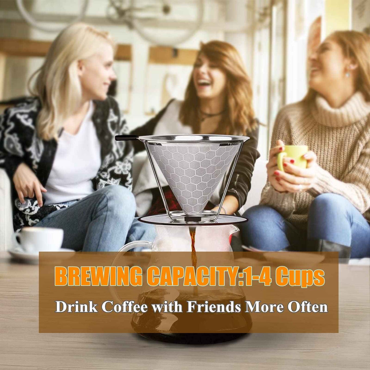 Gocoffun Pour Over Coffee Dripper, Reusable Cone Coffee Filter 1-4 cup, Stainless Steel Portable Coffee Filters Coffee Maker with Cleaning Brush for Home Office Travel Camping