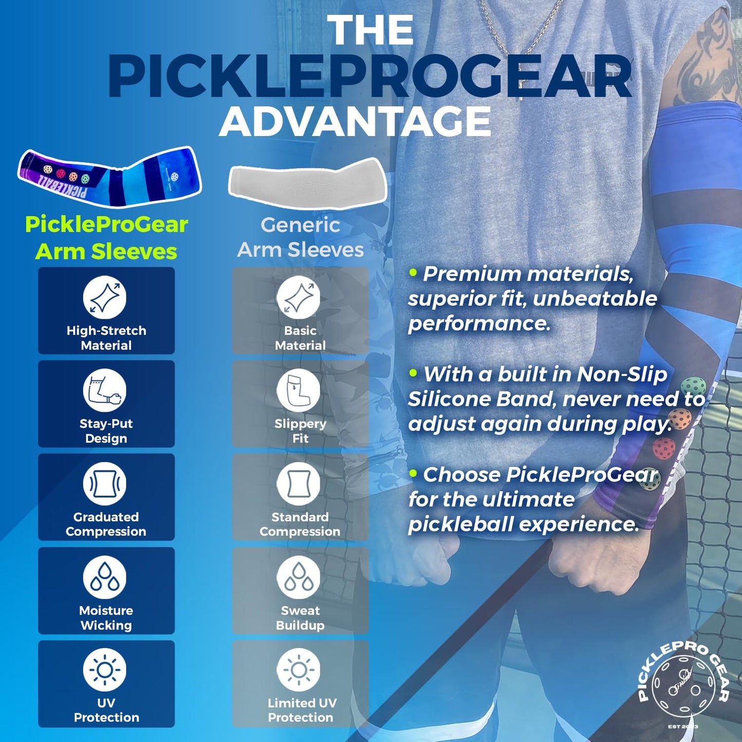 PickleProGear Pickleball Arm Sleeves M/L Size | Compression Fit, UV Protection | 5 Stylish Designs (Blue & Purple Arm Sleeves)