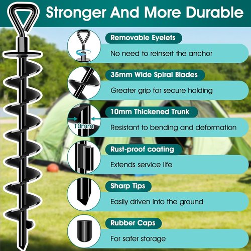 Ground Anchors | Heavy Duty Screw-In Stakes for Trampolines, Tents, and Canopies - High Wind Resistance