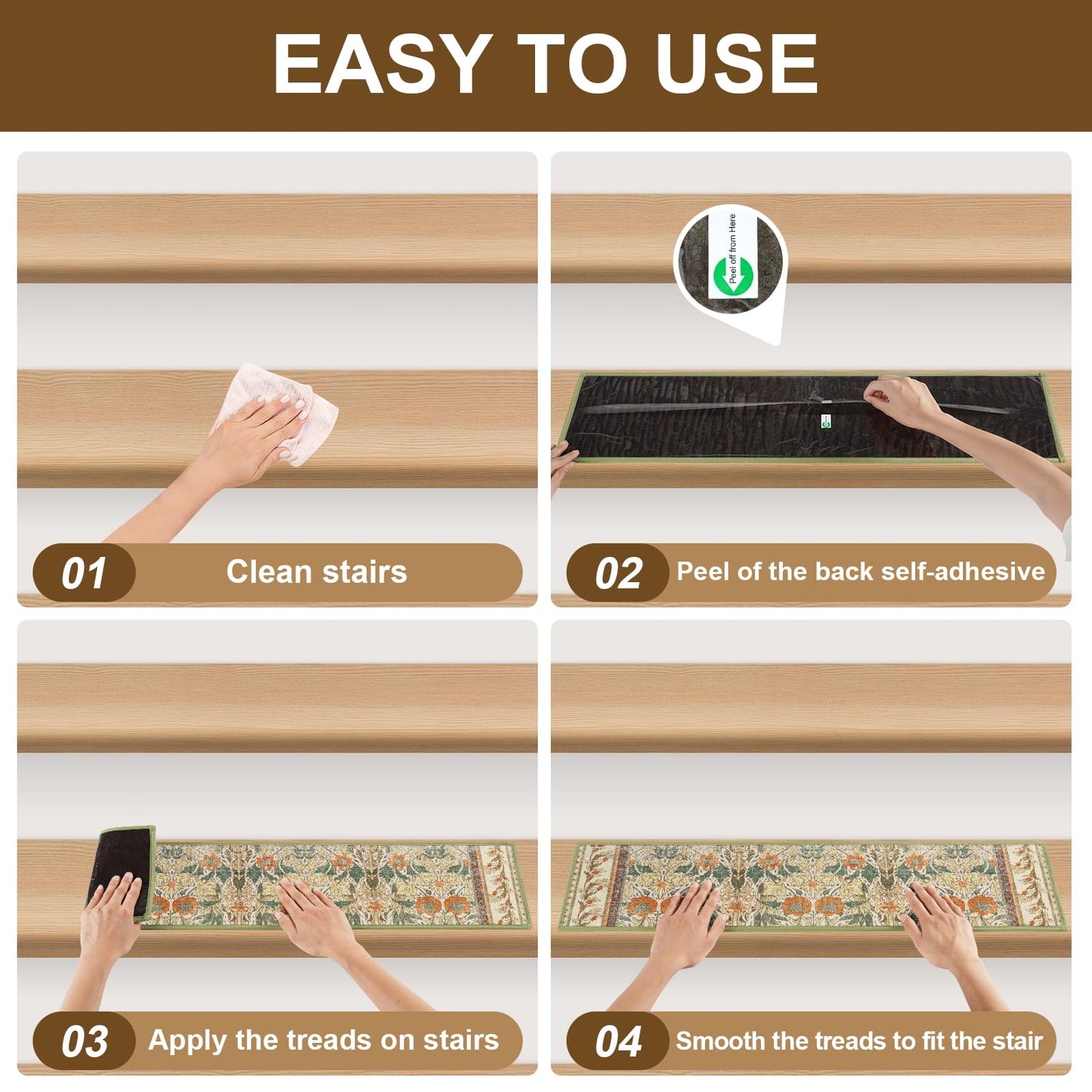 Non Slip Stair Treads for Wooden Steps Indoor, Sage Green, 15pcs, 30"X8", Soft Carpet Mat, Machine Washable Boho Carpet Treads with Reusable Adhesive Backing, Safety Stair Tread for Dog, Kid, Elder